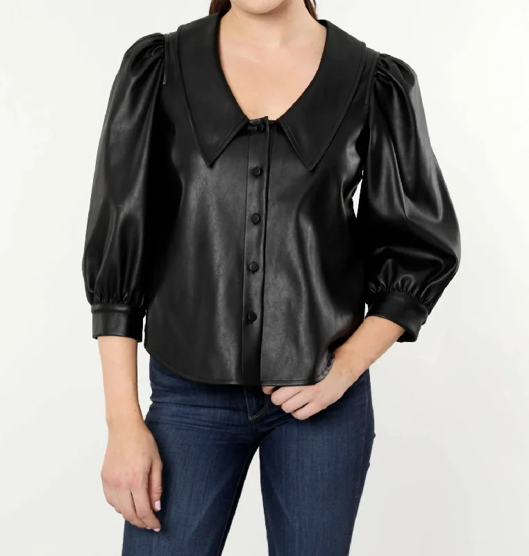 Vegan Puff Sleeve Collared Top In Black