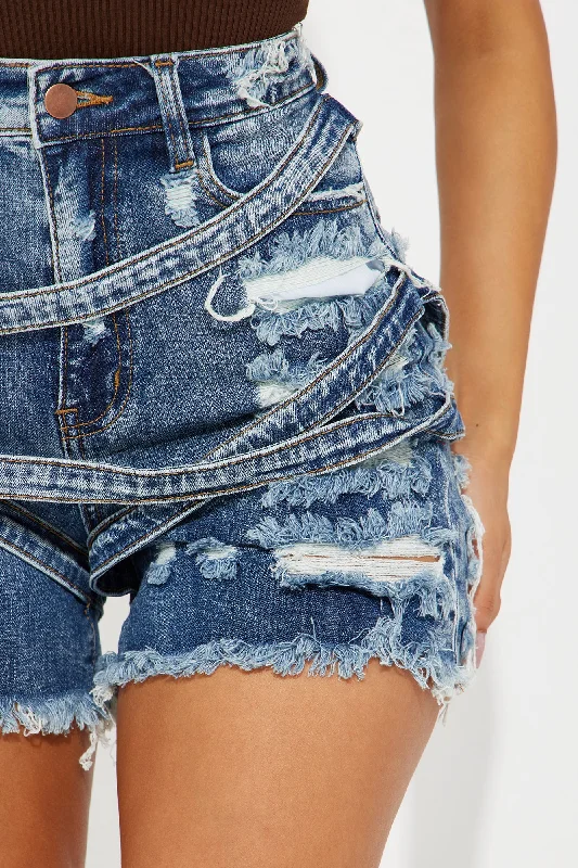 What Comes Next Strappy Stretch Denim Shorts - Medium Wash