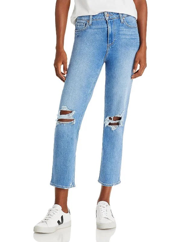 Womens Distressed High Rise Straight Leg Jeans