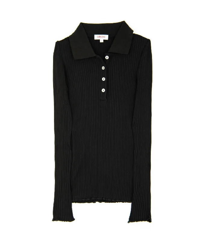 Women's Poor Boy Rib Henley Top In Black