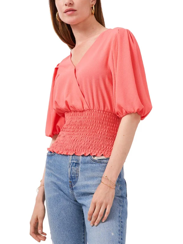 Womens Smocked Faux Wrap Top