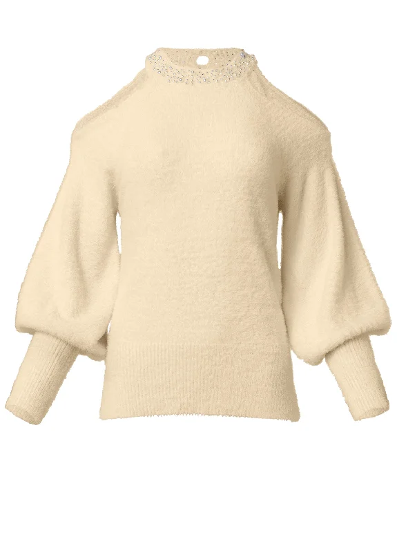 Cozy cold shoulder pearl accent sweater - Off White