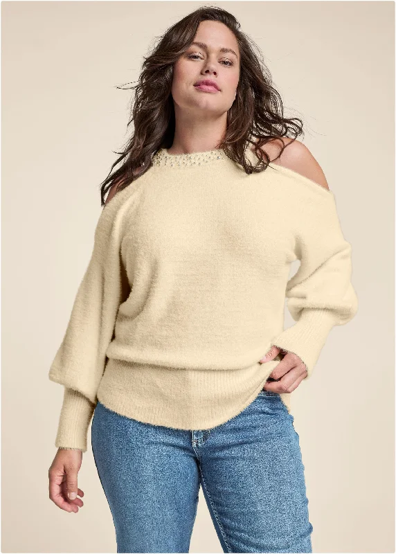 Cozy cold shoulder pearl accent sweater - Off White