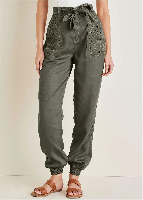 Twill and eyelet joggers  - Olive