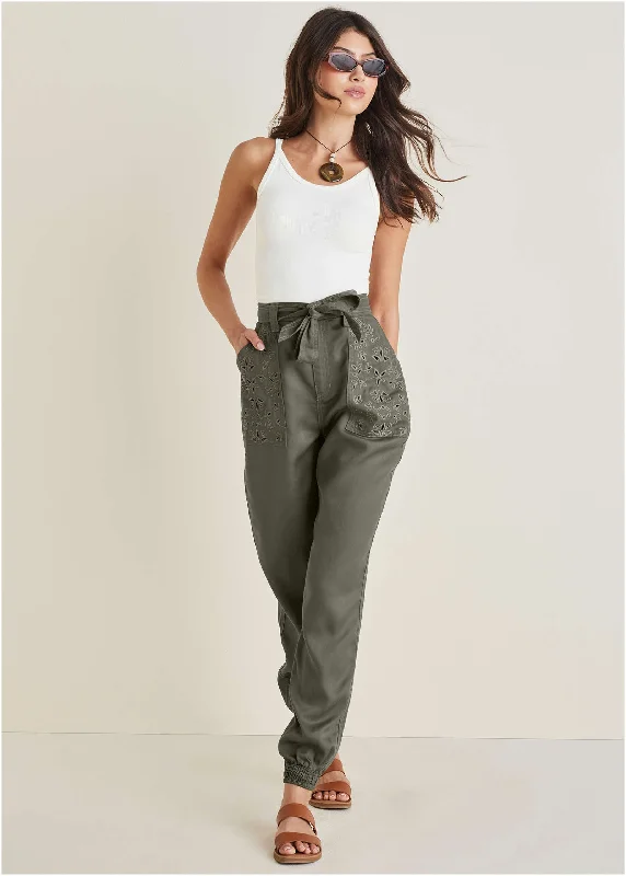 Twill and eyelet joggers  - Olive