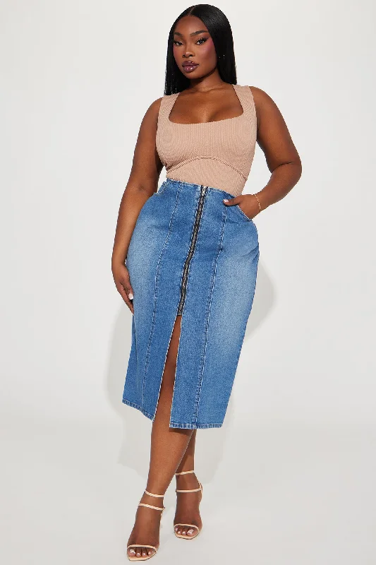 Zip Me Up Midi Skirt - Medium Blue Wash