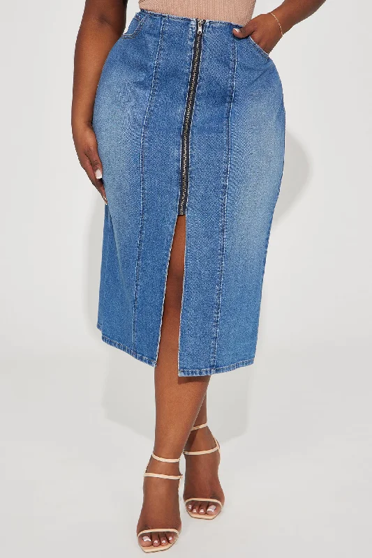 Zip Me Up Midi Skirt - Medium Blue Wash