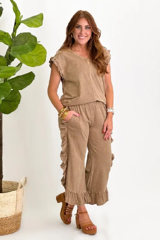 Mocha Mineral Wash Ruffle Detail Pants