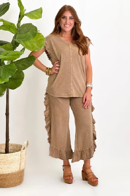 Mocha Mineral Wash Ruffle Detail Pants