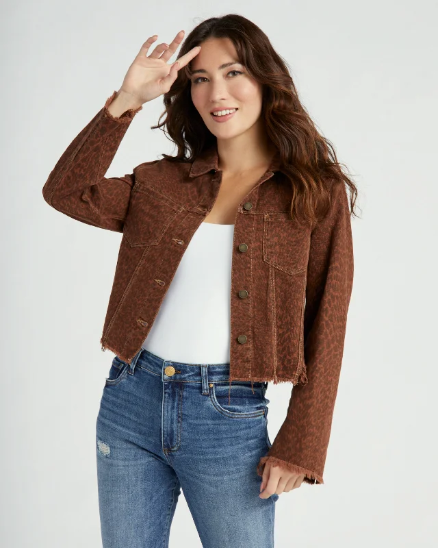 Printed Cropped Jacket with Frayed Hem