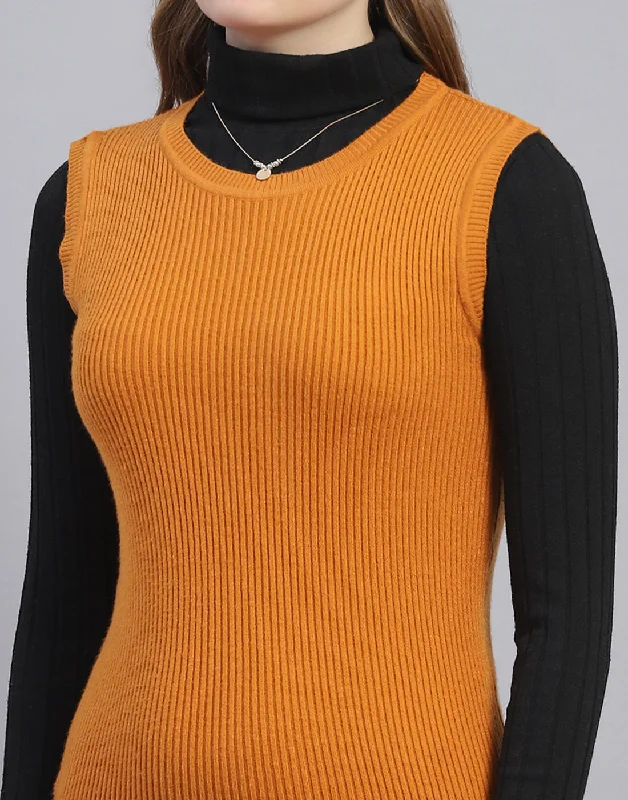 Women Mustard Solid Round Neck Sleeveless Sweater